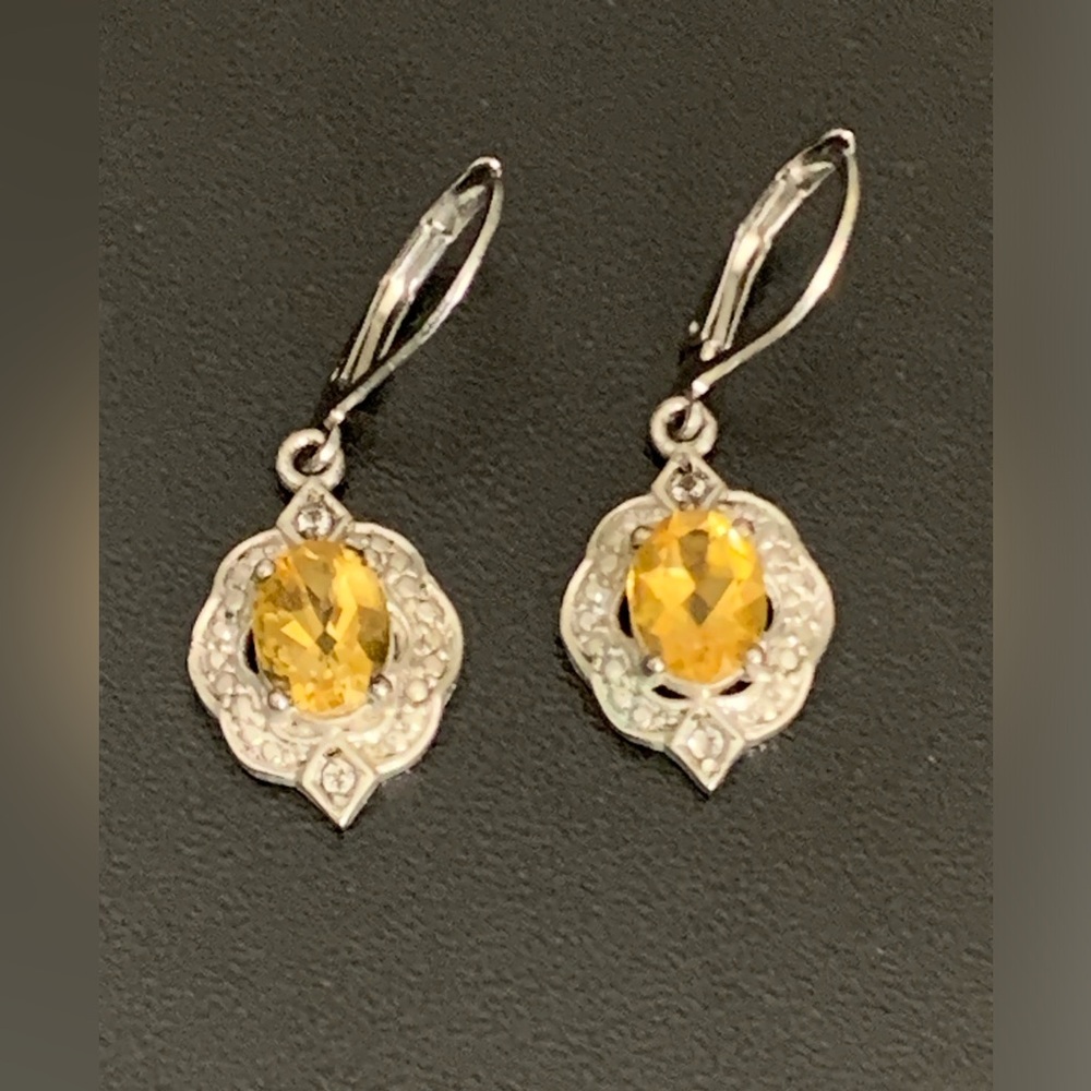 Vintage Karis STS Rhodium Plated Over Silver Citrine Drop Dangle Earrings
